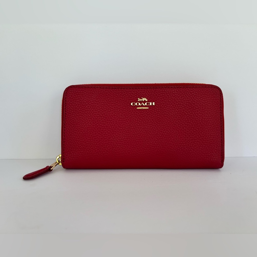 Coach Red Zip Leather Wallet Billfold Credit Card Change Holder Long